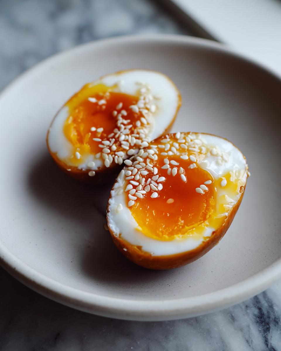 Two halves of a soft-boiled marinated eggs with runny orange yolks, topped with white sesame seeds, served on a small plate.
