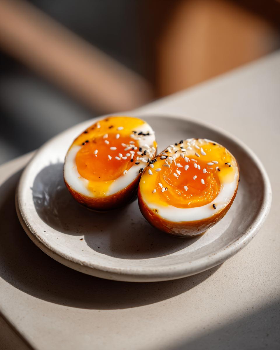 Two halves of a soft-boiled marinated eggs with jammy orange yolks, sprinkled with sesame seeds, on a small plate.