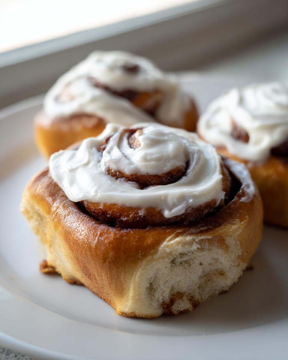 A close-up of three fluffy sourdough discard cinnamon rolls topped with thick white cream cheese frosting on a white plate.