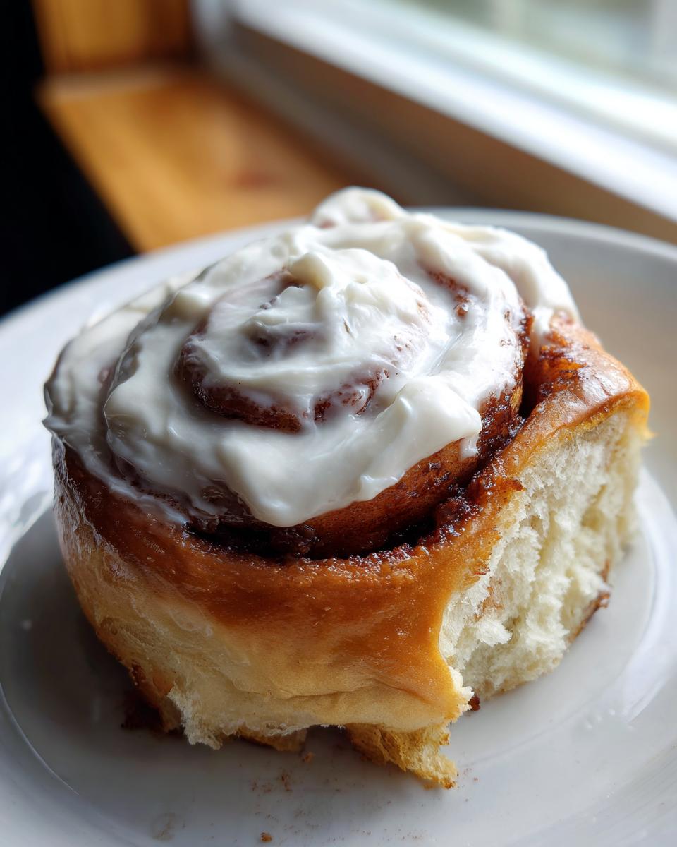 A close-up of a single, freshly baked sourdough discard cinnamon roll generously topped with thick white cream cheese icing.