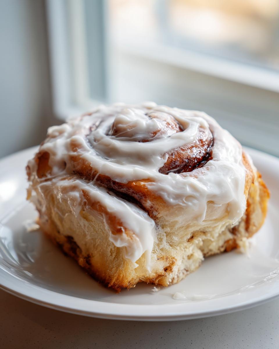 A close-up of a fluffy sourdough discard cinnamon roll generously topped with white cream cheese frosting.