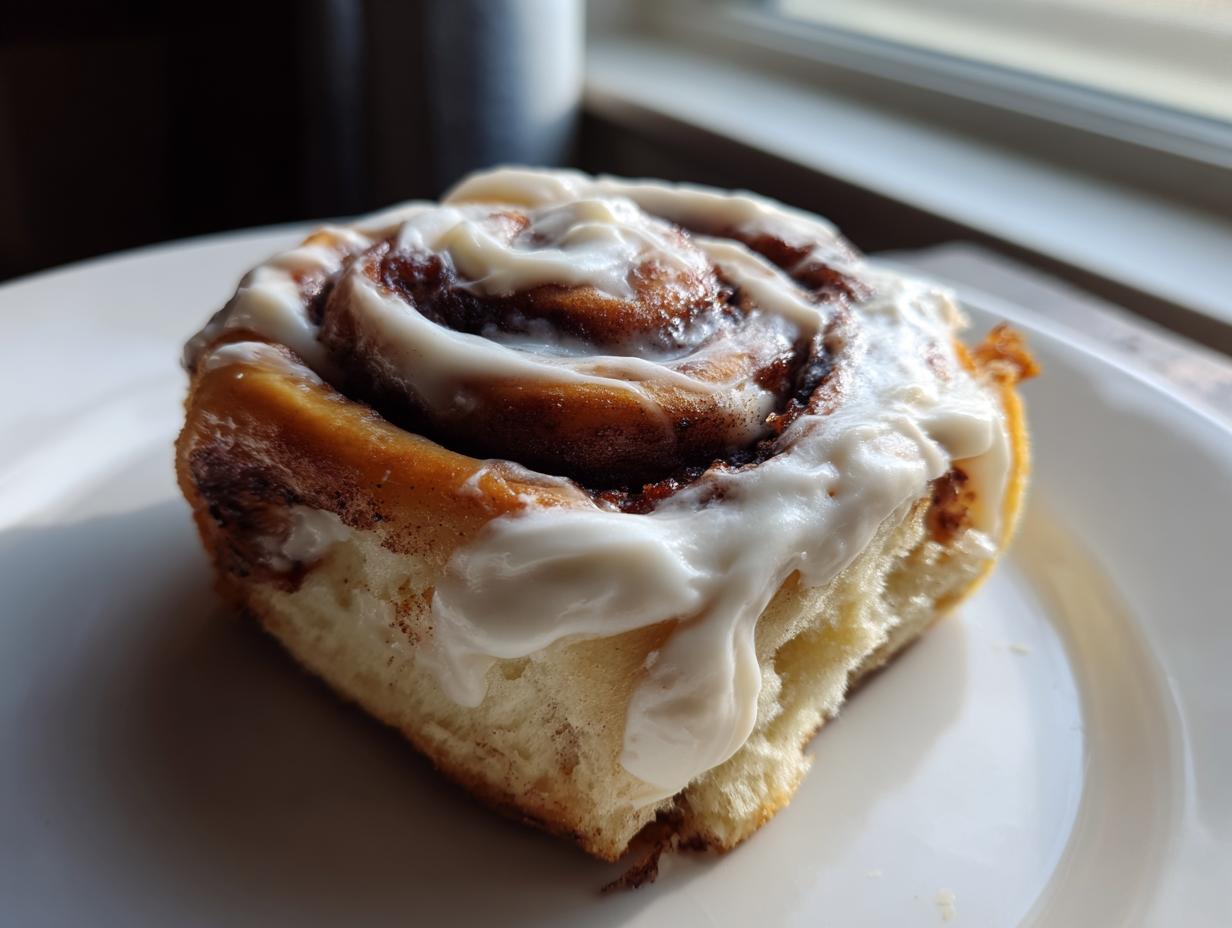 A single, freshly baked sourdough discard cinnamon roll topped with thick white cream cheese icing, sitting on a white plate.