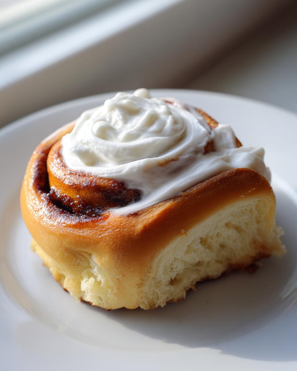 A single, fluffy sourdough discard cinnamon roll topped with thick cream cheese frosting, sitting on a white plate near a window.
