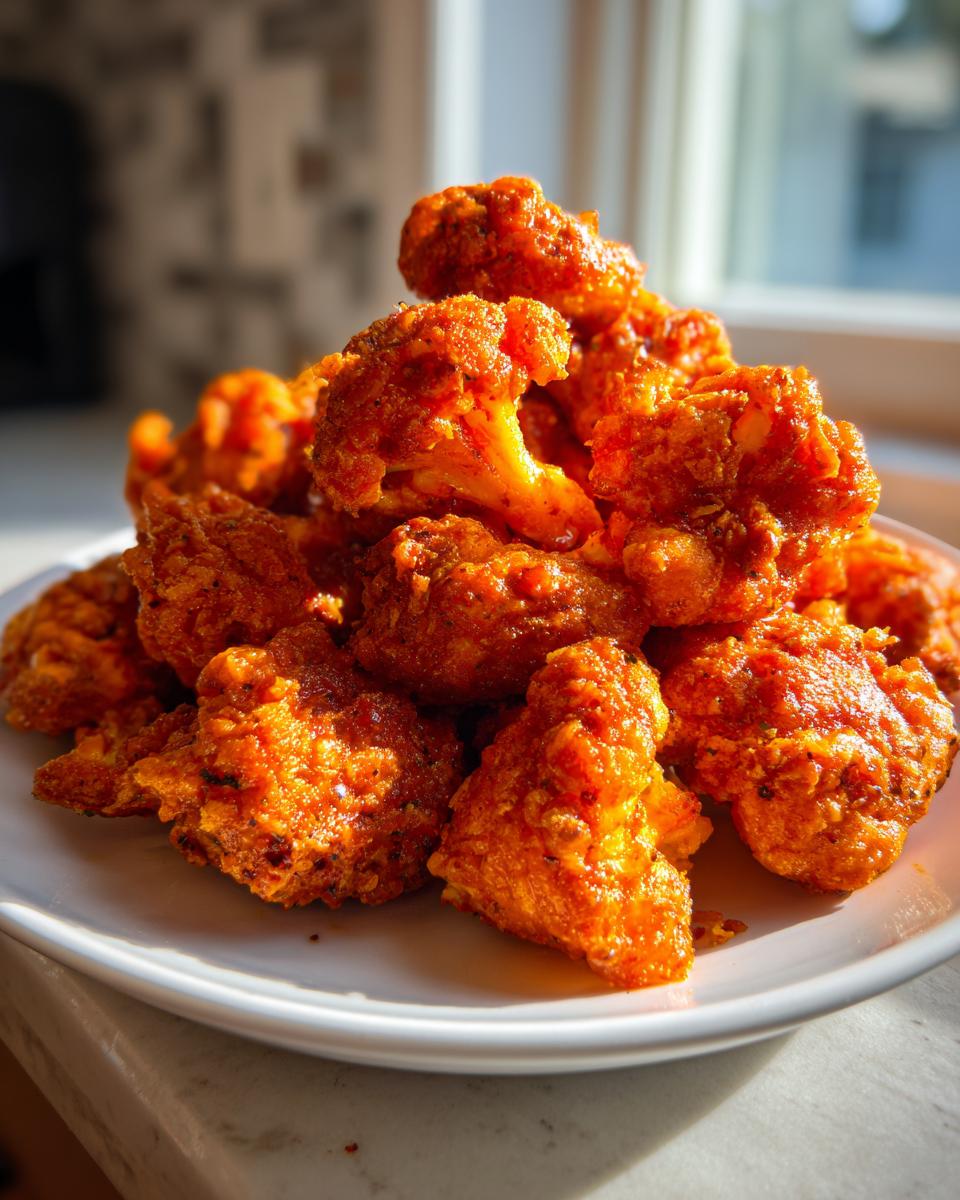 A close-up shot of a generous pile of bright orange, saucy buffalo cauliflower bites stacked on a white plate.
