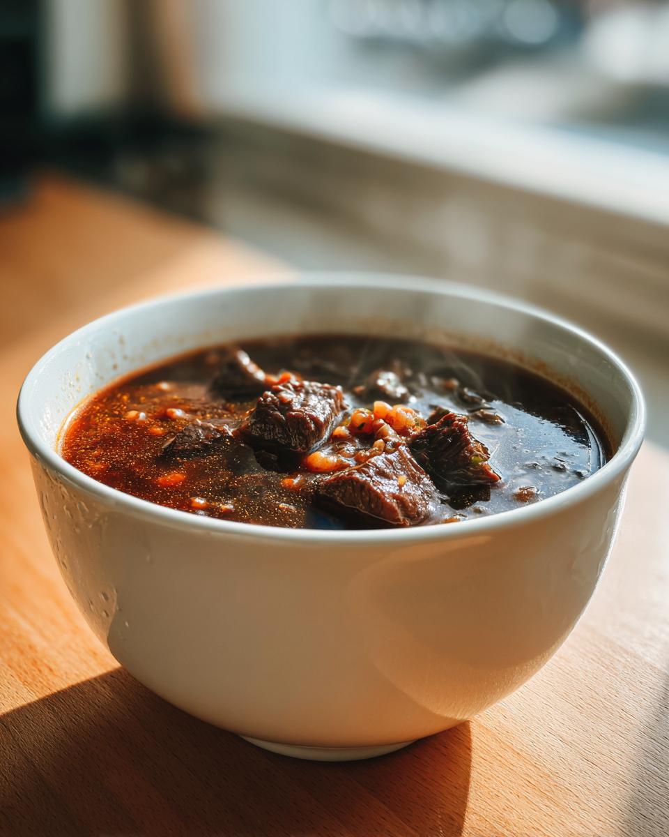 Close-up of a steaming white bowl filled with rich, dark beef barley soup chunks of tender beef and barley visible.