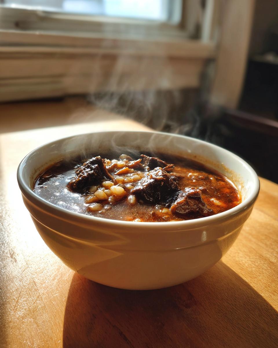 A steaming white bowl filled with rich, dark beef barley soup, featuring chunks of beef and barley grains.