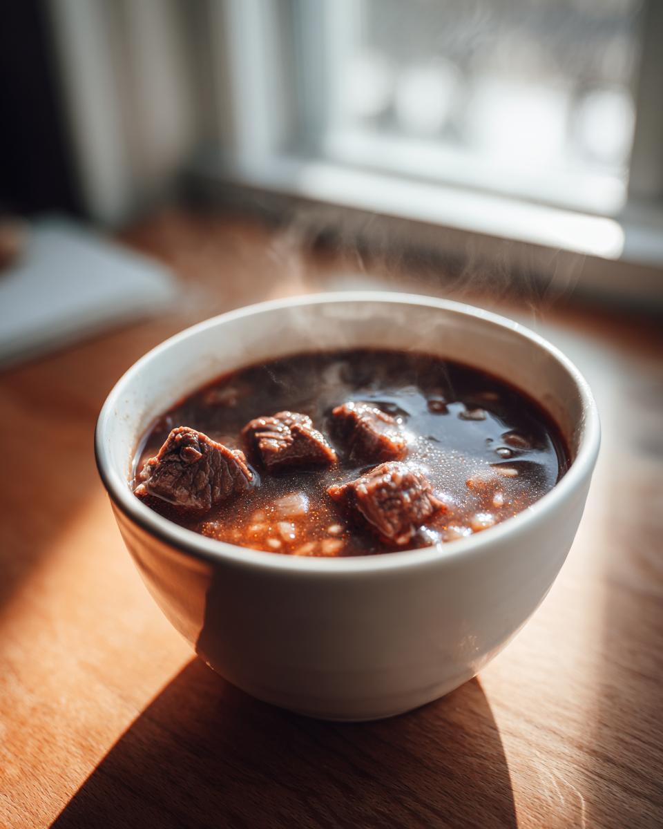 Close-up of a steaming white bowl filled with rich beef barley soup, featuring chunks of tender beef and barley.