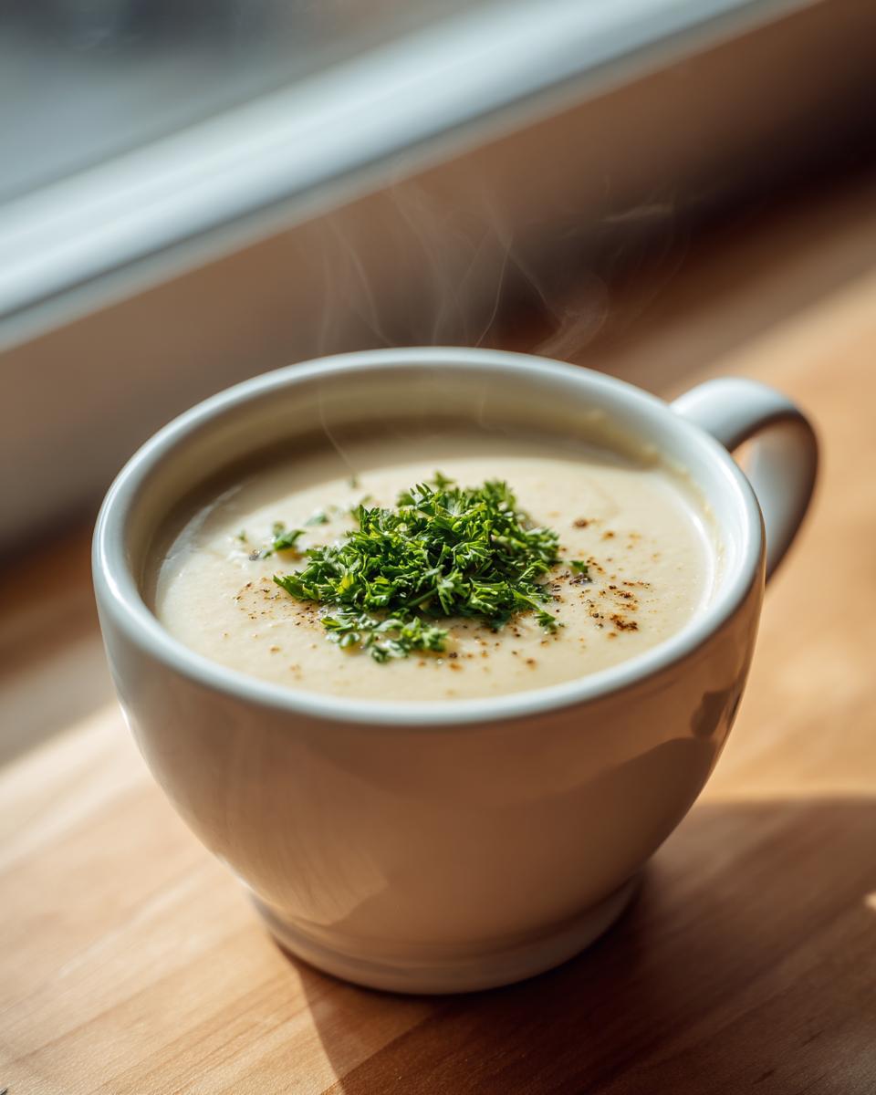 A close-up of steaming roasted cauliflower soup, garnished with fresh parsley, served in a white mug.