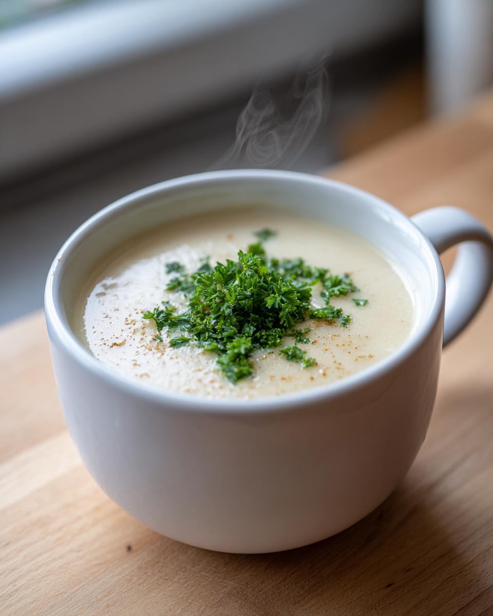 A close-up of a steaming white mug filled with creamy roasted cauliflower soup, topped with fresh parsley.