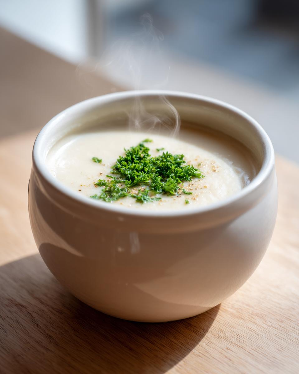 Close-up of a steaming white bowl filled with creamy roasted cauliflower soup, garnished with fresh parsley.