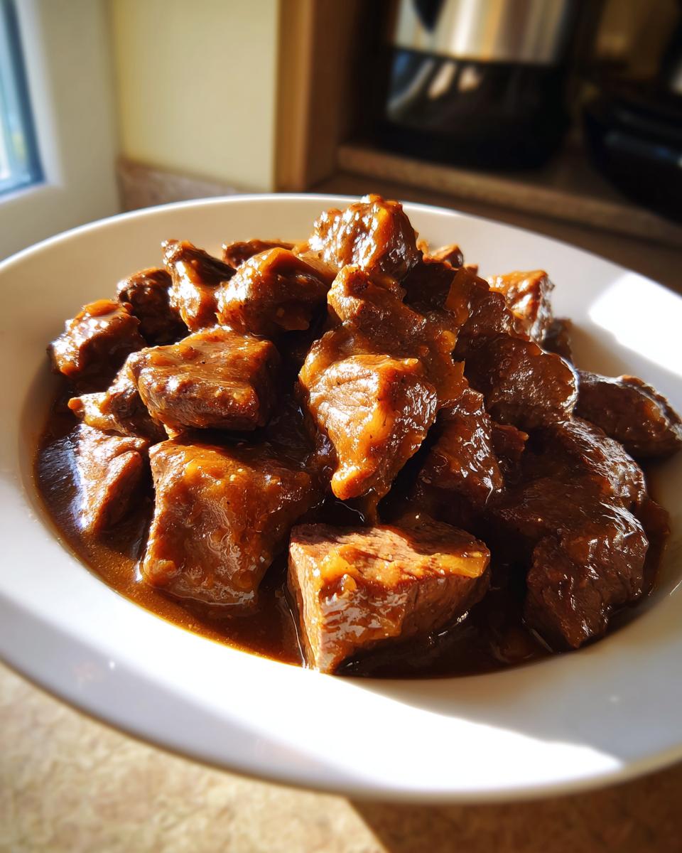 A white bowl filled with tender, rich brown crockpot beef tips coated in a thick, savory sauce.