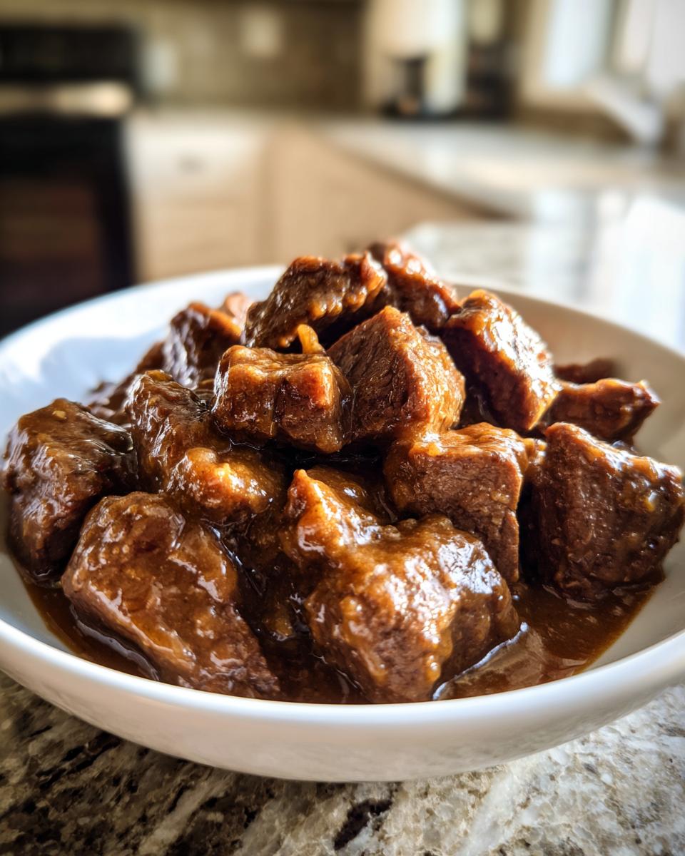 Close-up of tender crockpot beef tips coated in a rich brown gravy served in a white bowl.