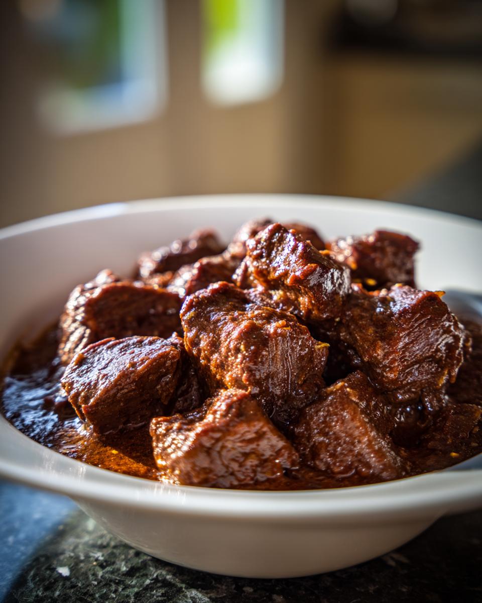 Close-up of tender, dark brown crockpot beef tips swimming in a savory sauce inside a white bowl.