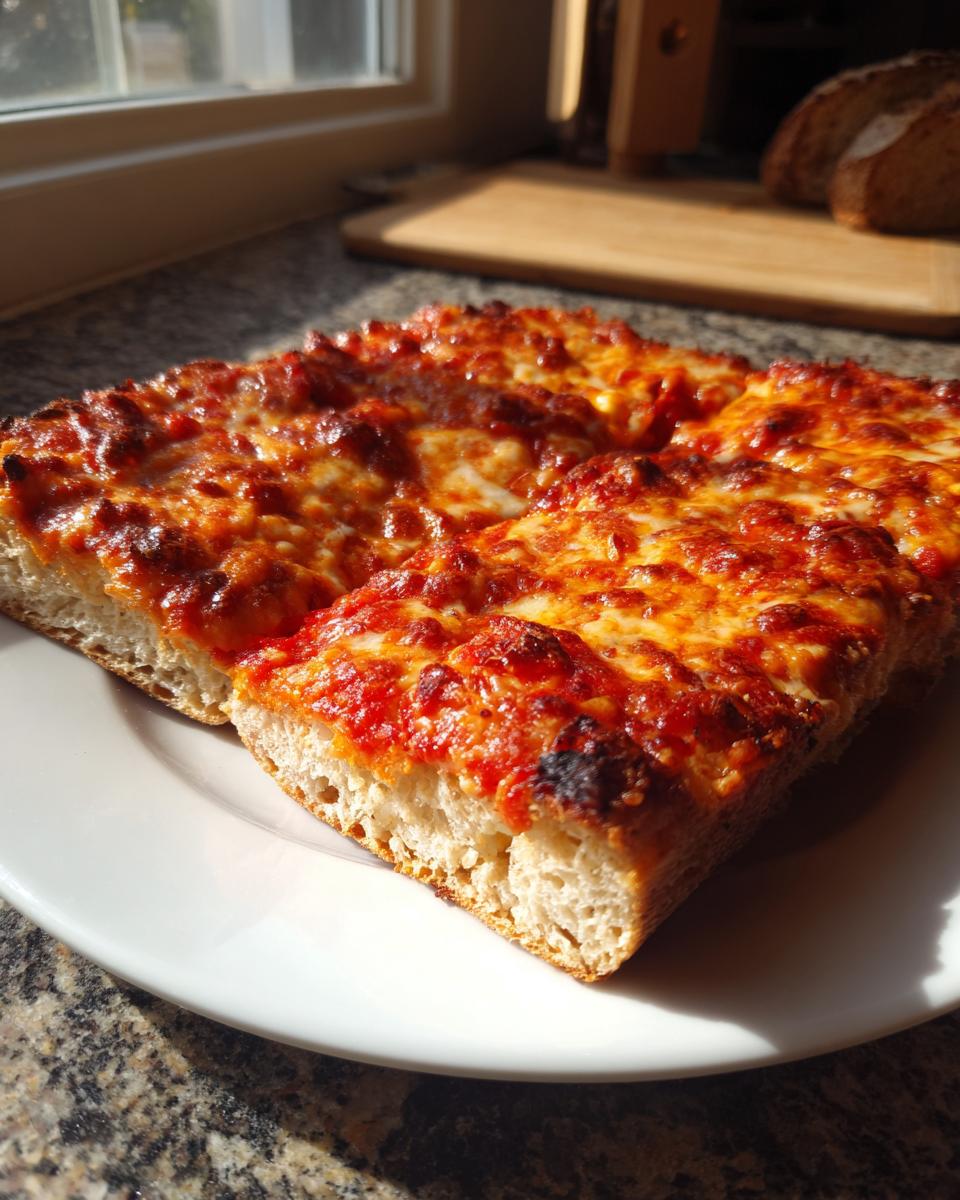 Two thick slices of baked pizza showing a fluffy interior crust made from cottage cheese pizza crust recipe, topped with melted cheese and sauce.