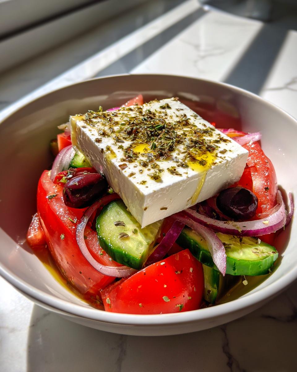 Close-up of a vibrant greek salad featuring large chunks of tomato, cucumber, red onion, olives, and a block of feta cheese drizzled with oil and herbs.