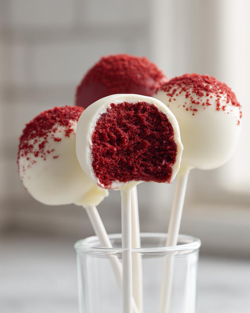 Close-up of several white chocolate coated red velvet cake pops, one bitten to show the rich red interior.